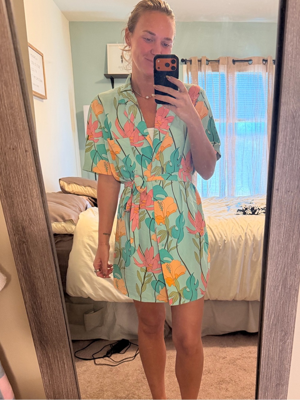 Lulu's Mint Floral Wrap Dress with Pink and Yellow Blooms